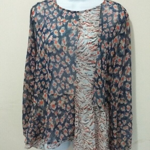 LOGO by Lori Goldstein floral Blouse sheer Patchwork Ruffles Blue women S boho - Picture 4 of 11
